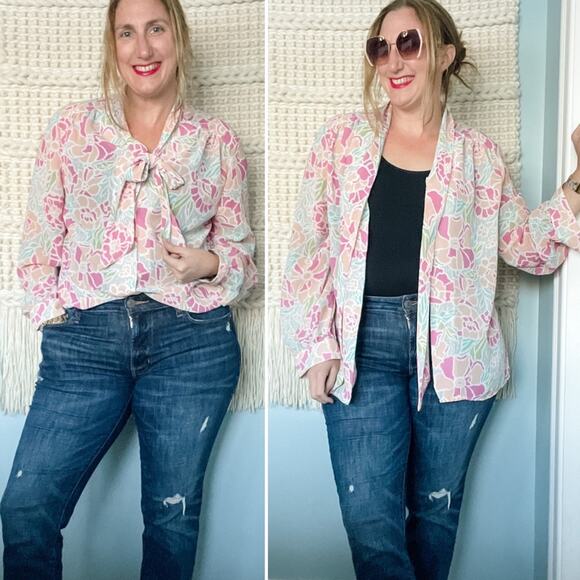 Vintage sheer floral secretary blouse sailor knot/p---y bow 🎀 size XL 16 - Picture 2 of 12